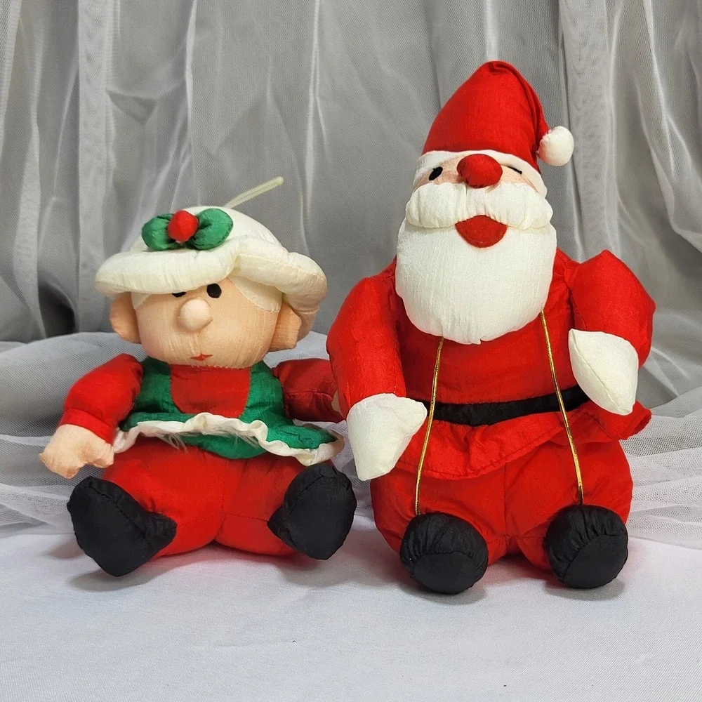 Santa & Mrs Claus 7in Nylon Puffy Stuffed Christmas Plush Table Decor VTG 1993